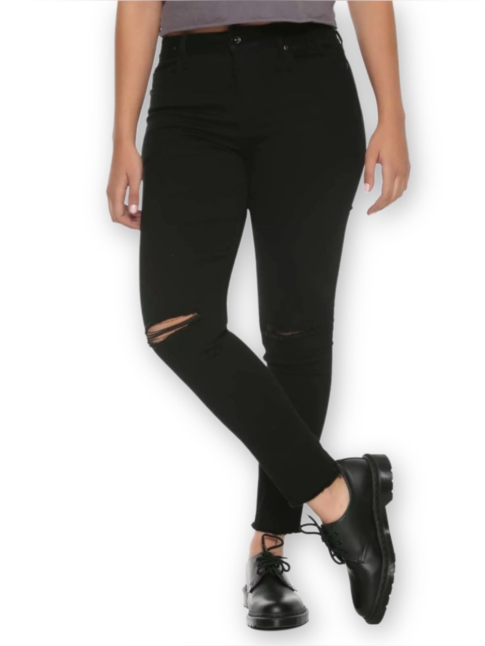 Hot Topic Size 7 HT Denim Black Low Rise Skinny Jeans Distressed Knee Raw Hem